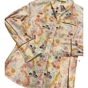 Tommy Bahama Indigo Palms Gold Floral Long Sleeve Button-Up Shirt XS